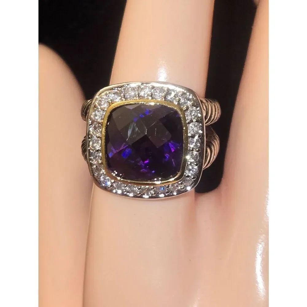 Women's Size 9 Purple Amethyst & White Crystal CZ Silver Tone Ring